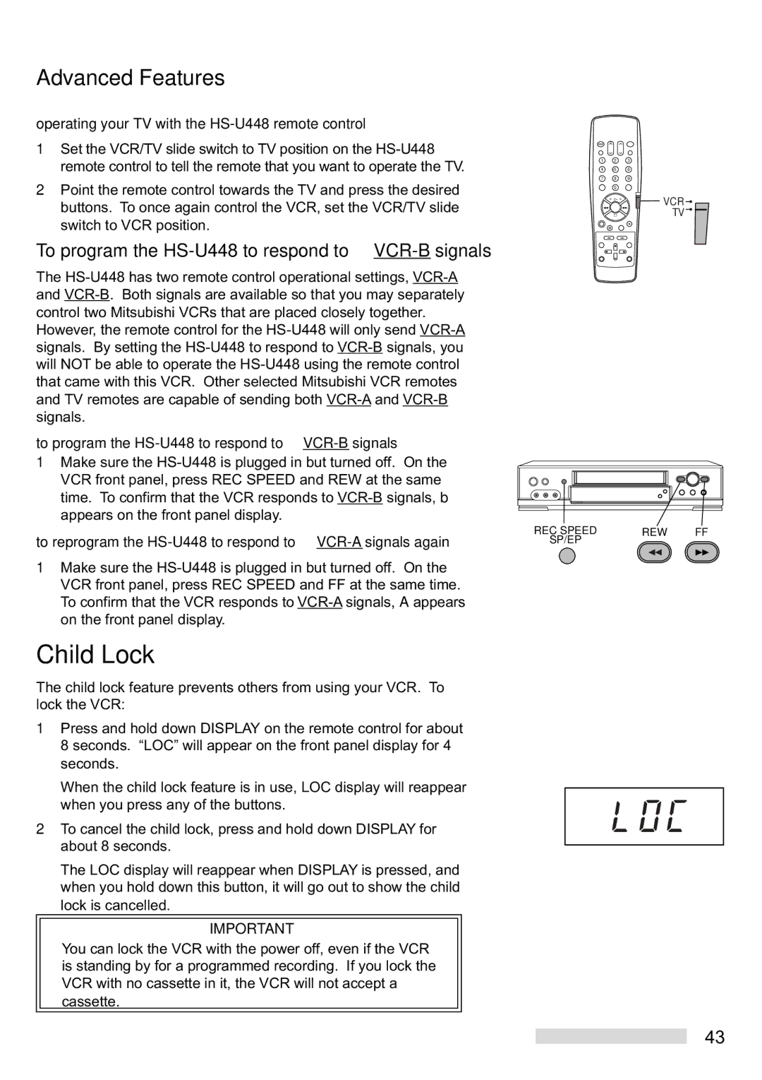 Mitsubishi Electronics manual Child Lock, To program the HS-U448 to respond to VCR-B signals 