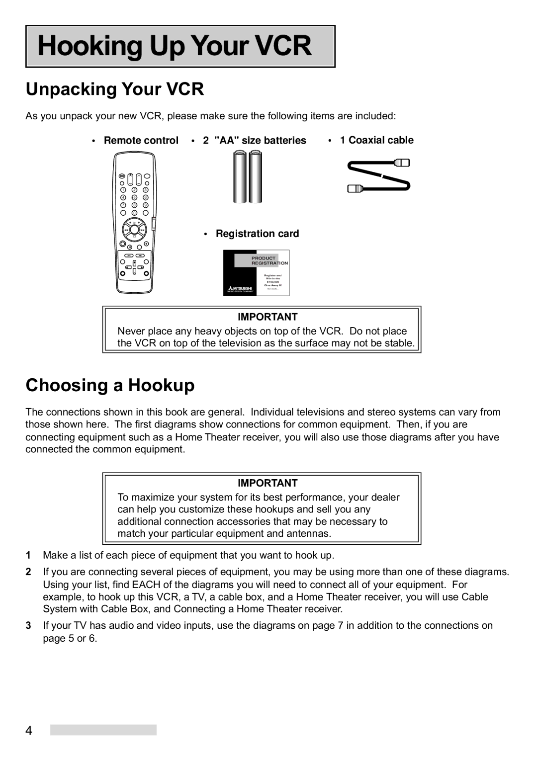 Mitsubishi Electronics HS-U448 manual Hooking Up Your VCR, Unpacking Your VCR, Choosing a Hookup 