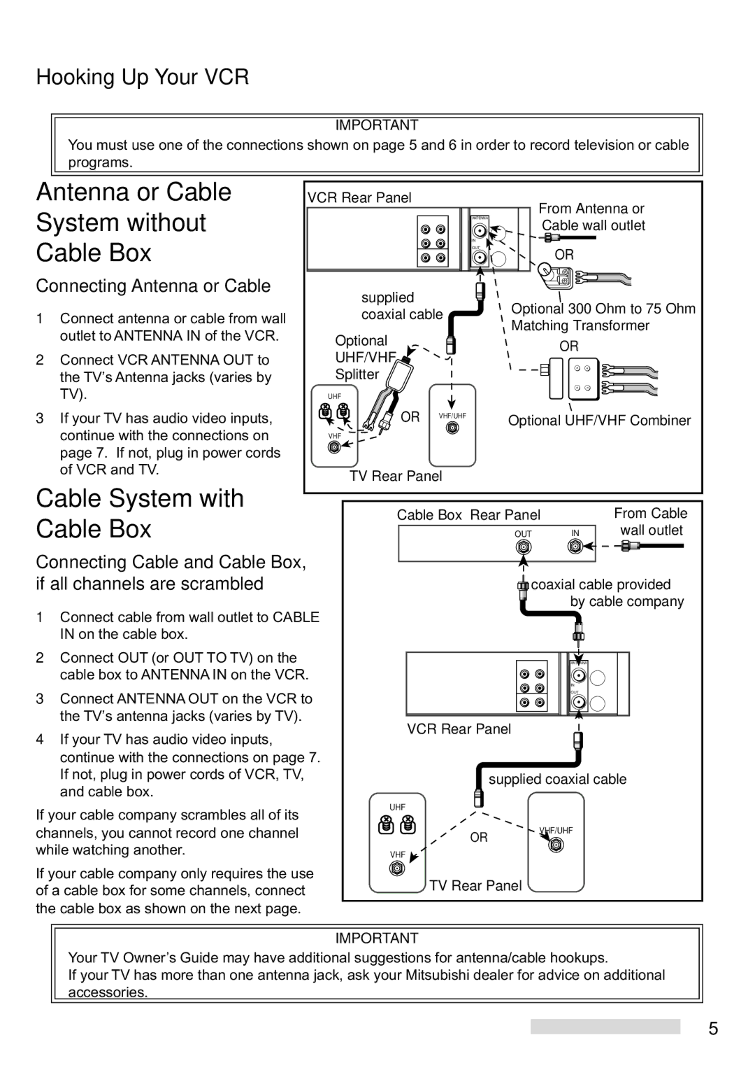 Mitsubishi Electronics HS-U448 manual Antenna or Cable, System without, Cable Box, Cable System with, Hooking Up Your VCR 