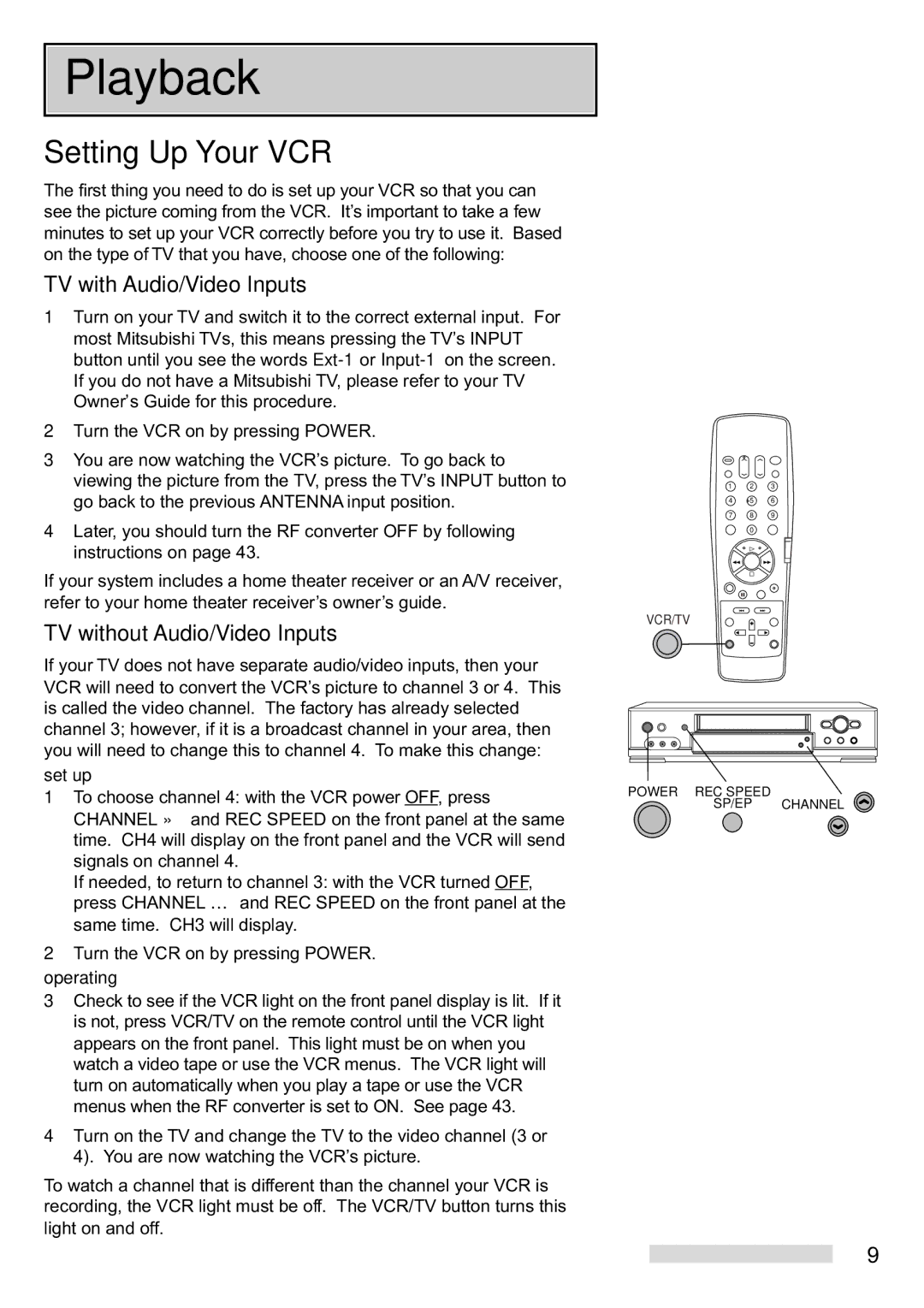 Mitsubishi Electronics HS-U748 Playback, Setting Up Your VCR, TV with Audio/Video Inputs, TV without Audio/Video Inputs 