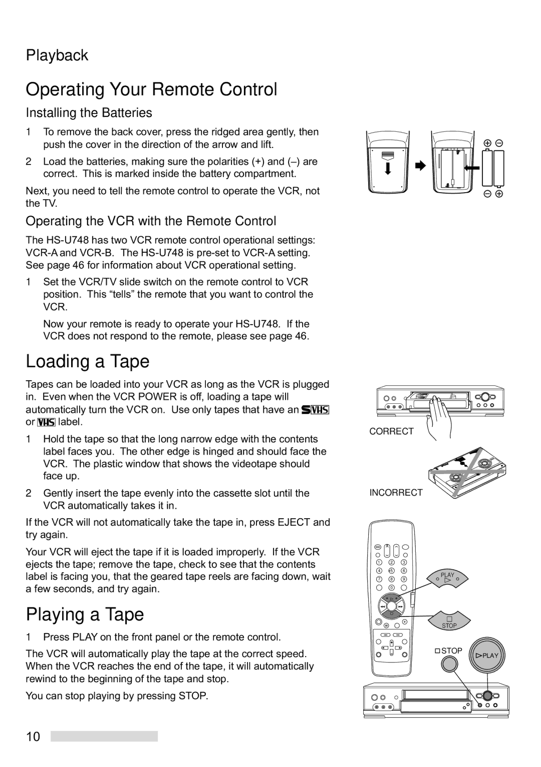 Mitsubishi Electronics HS-U748 manual Operating Your Remote Control, Loading a Tape, Playing a Tape, Playback 