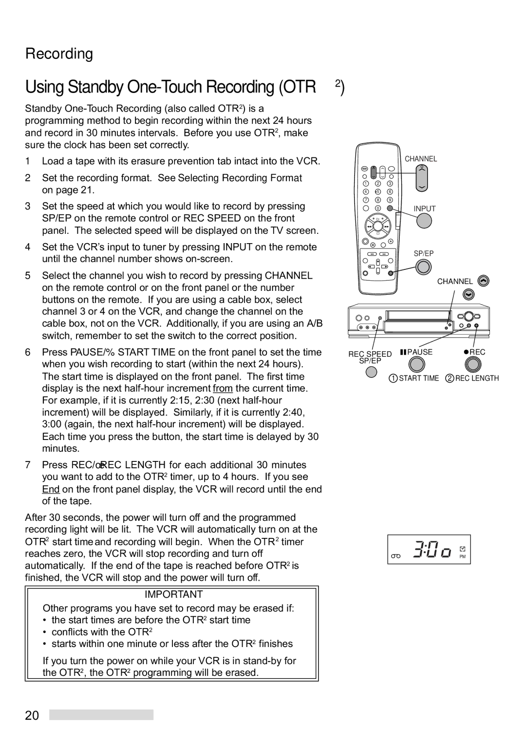 Mitsubishi Electronics HS-U748 manual Recording Using Standby One-Touch Recording OTR2 