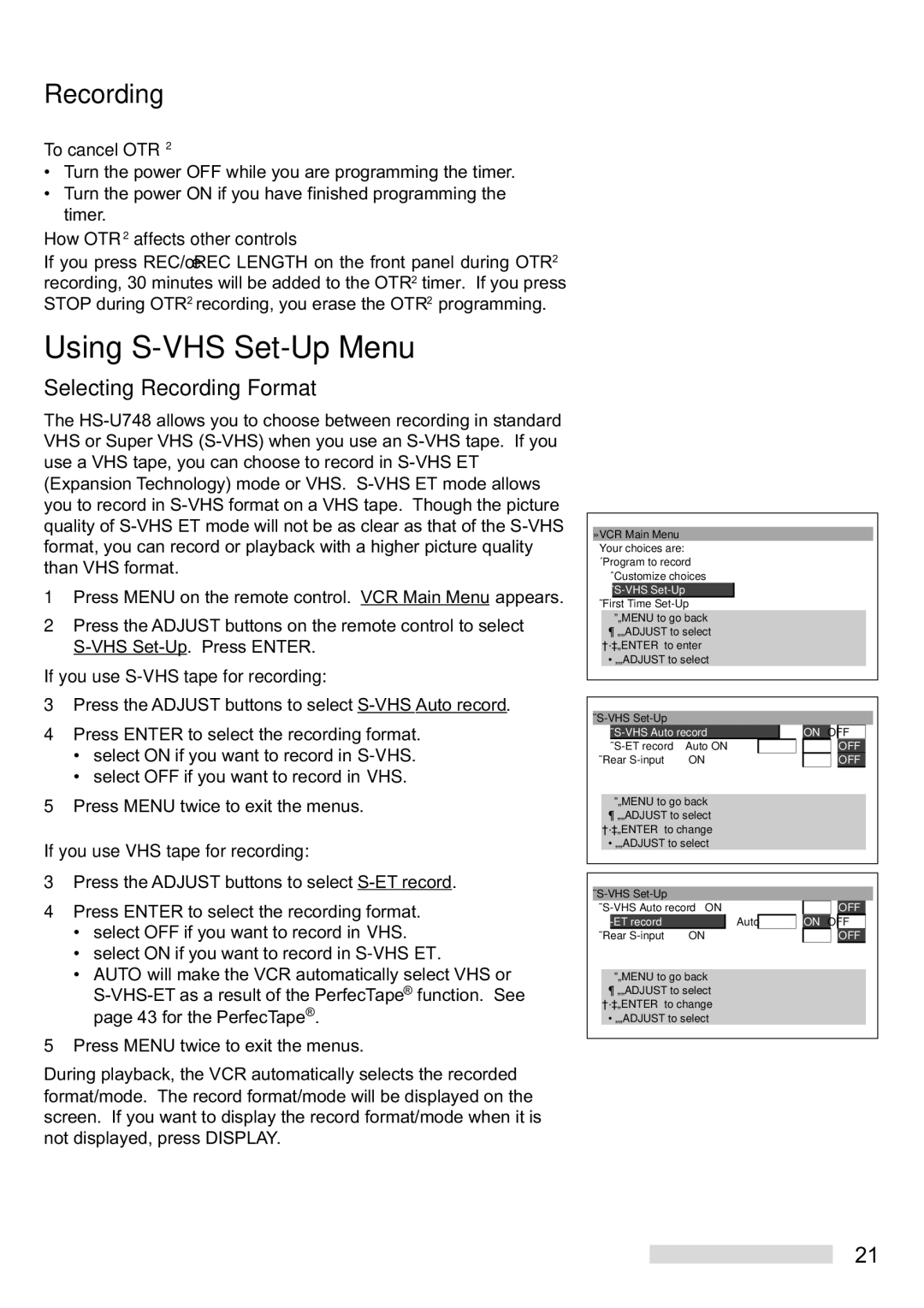 Mitsubishi Electronics HS-U748 manual Using S-VHS Set-Up Menu, Selecting Recording Format 