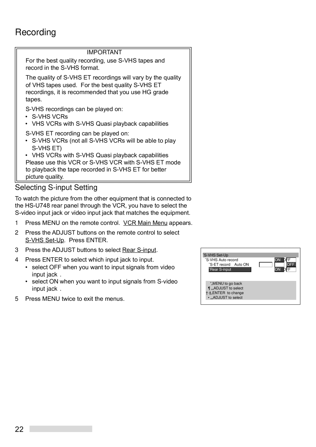 Mitsubishi Electronics HS-U748 manual Selecting S-input Setting 