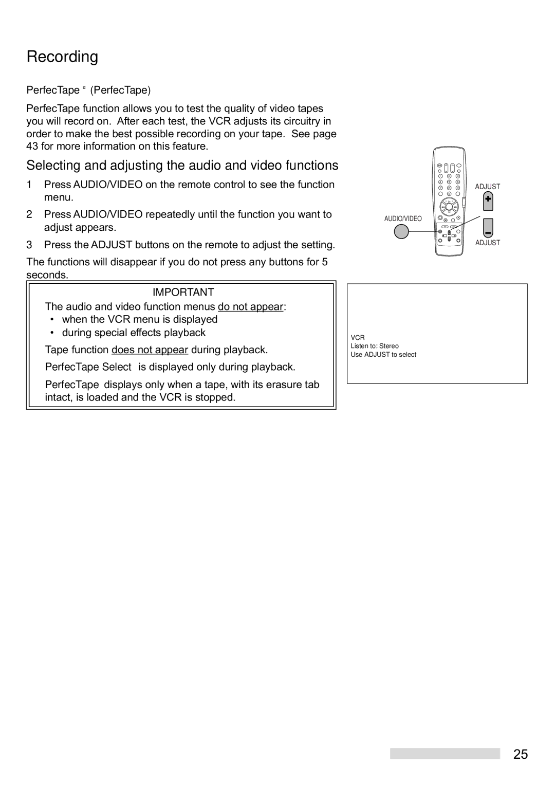 Mitsubishi Electronics HS-U748 manual Selecting and adjusting the audio and video functions, PerfecTape¨ PerfecTape 