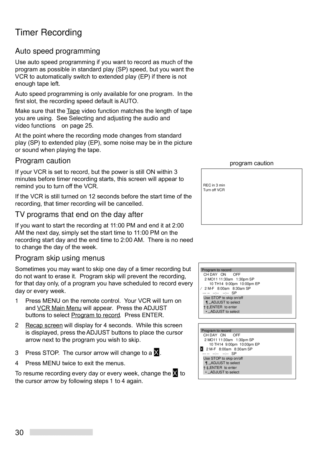 Mitsubishi Electronics HS-U748 manual Auto speed programming, Program caution, TV programs that end on the day after 