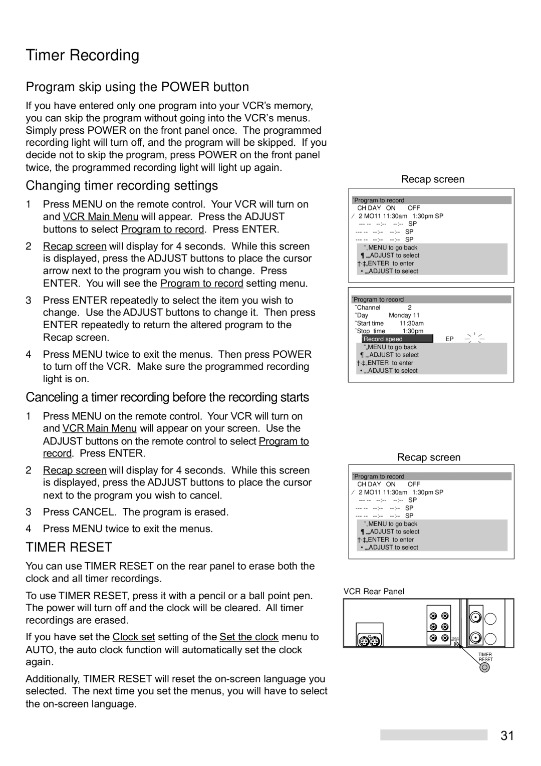 Mitsubishi Electronics HS-U748 manual Program skip using the Power button, Changing timer recording settings 