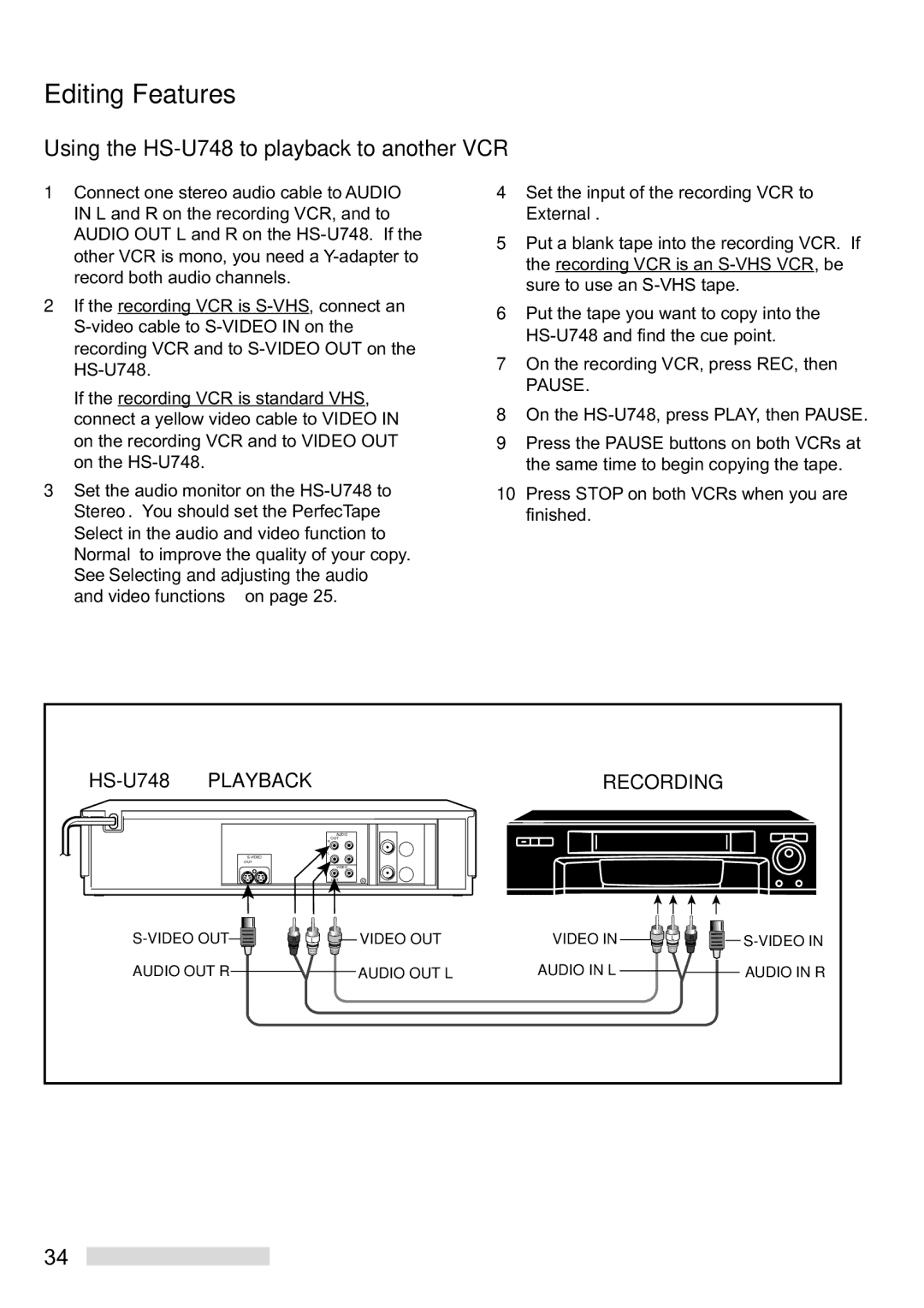 Mitsubishi Electronics manual Editing Features, Using the HS-U748 to playback to another VCR 