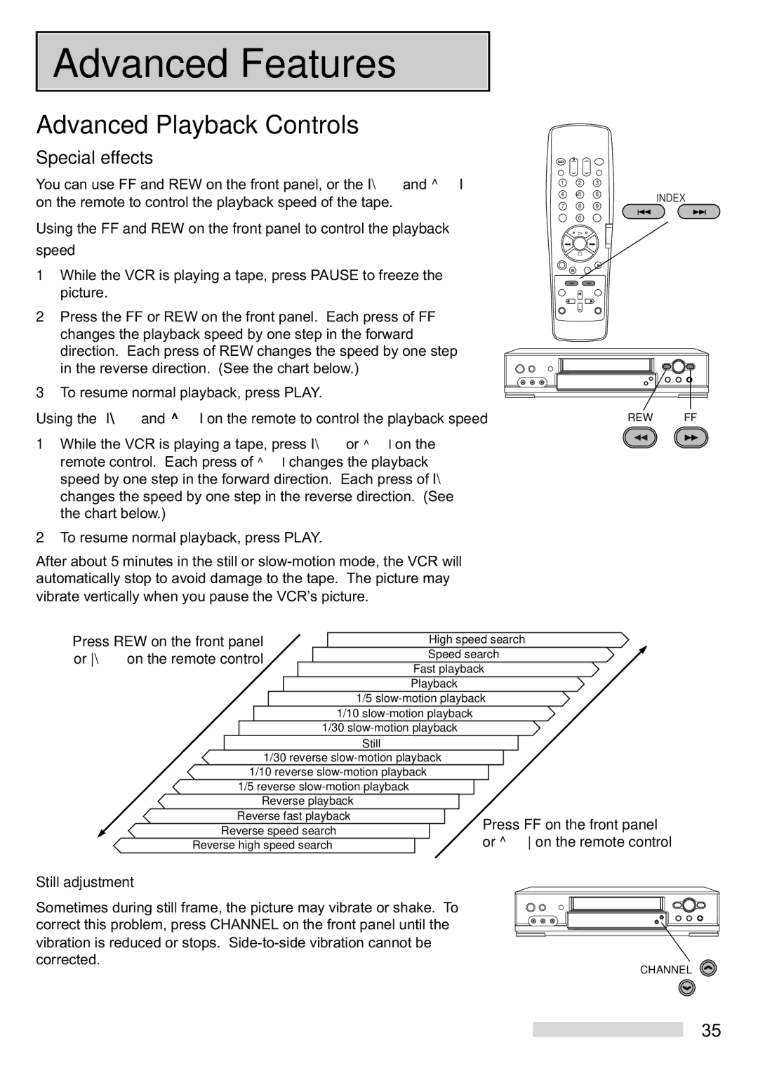 Mitsubishi Electronics HS-U748 manual Advanced Features, Advanced Playback Controls, Special effects, Still adjustment 