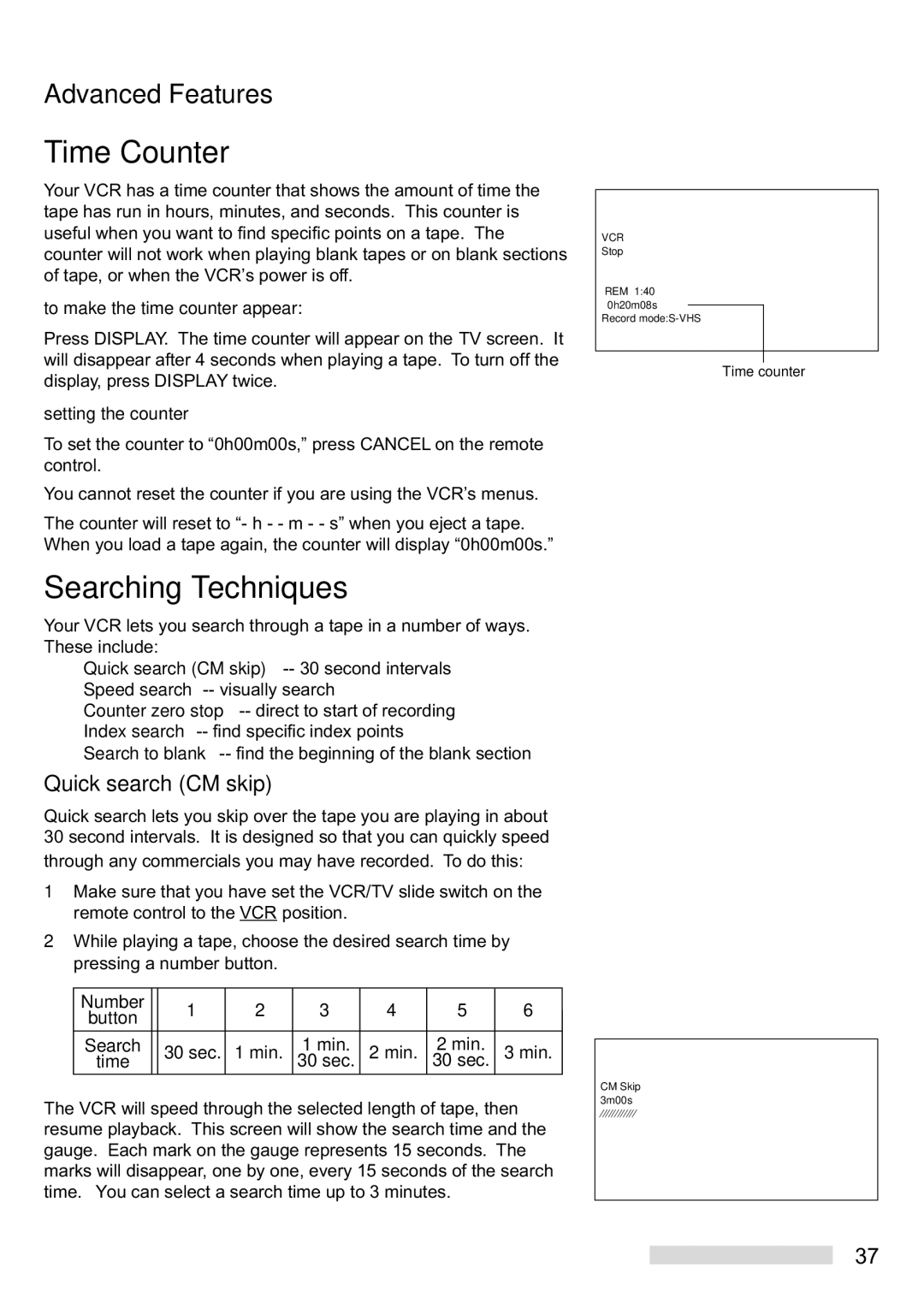 Mitsubishi Electronics HS-U748 Time Counter, Searching Techniques, Quick search CM skip, To make the time counter appear 