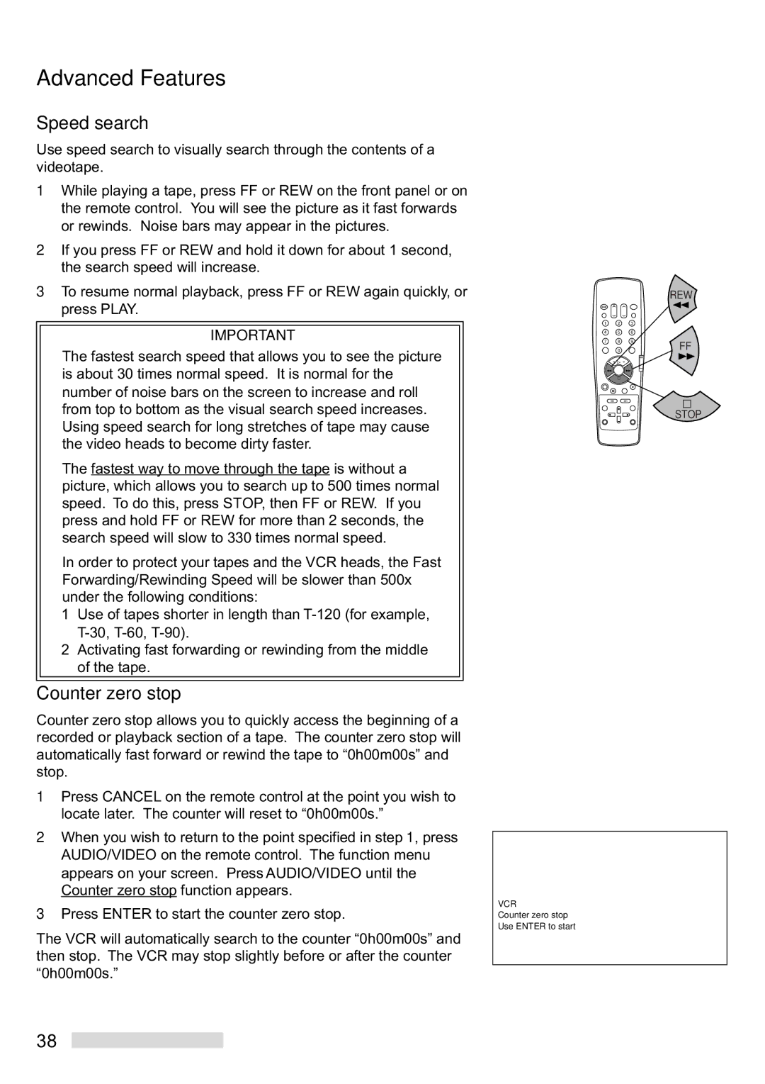 Mitsubishi Electronics HS-U748 manual Speed search, Counter zero stop 