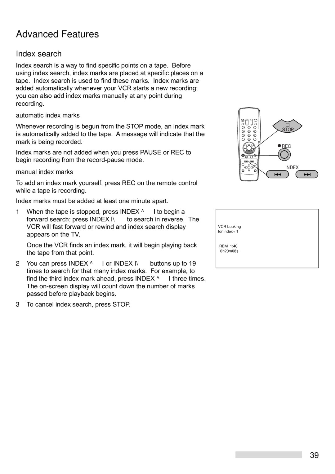 Mitsubishi Electronics HS-U748 manual Index search, Automatic index marks, Manual index marks 