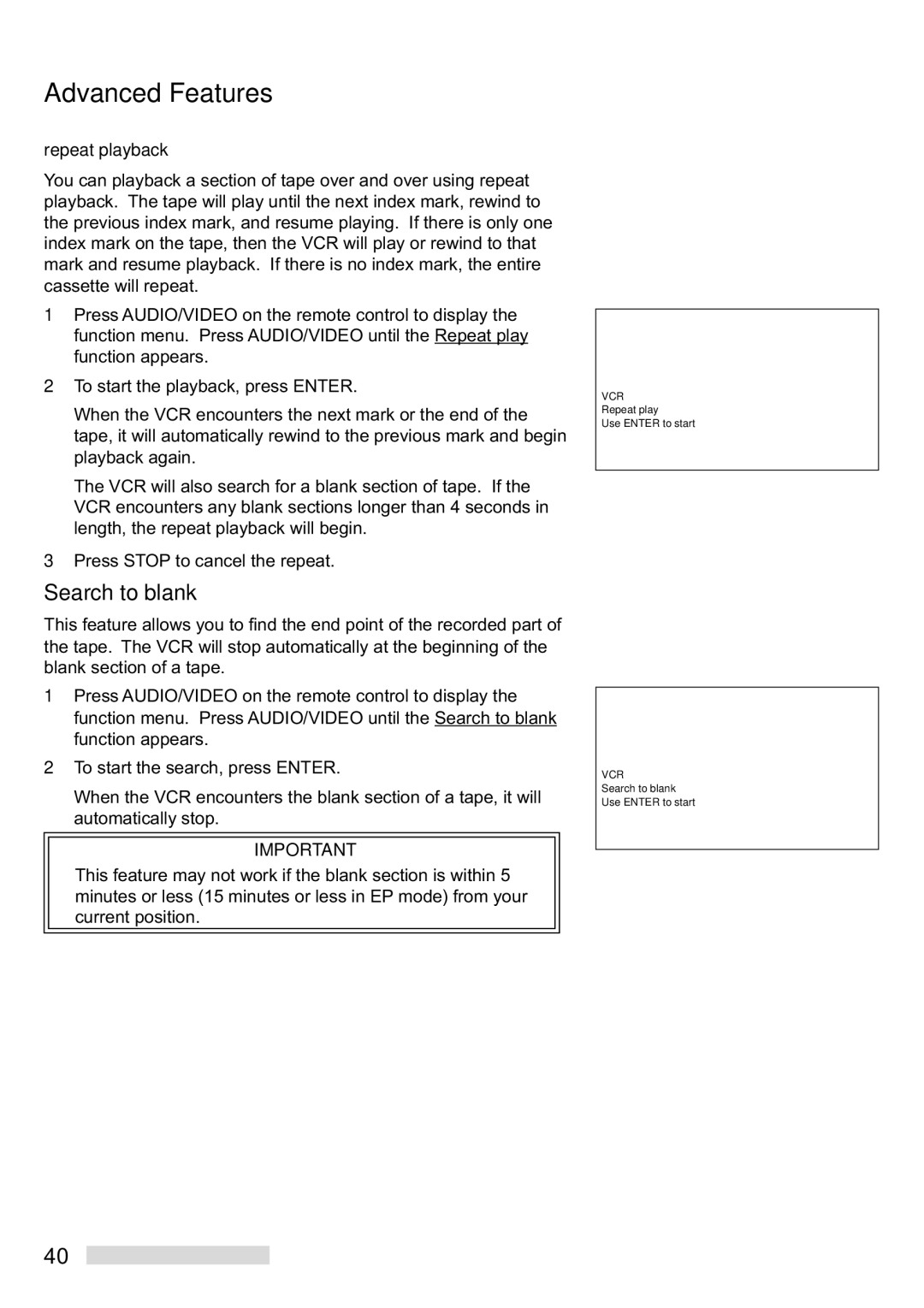 Mitsubishi Electronics HS-U748 manual Search to blank, Repeat playback 