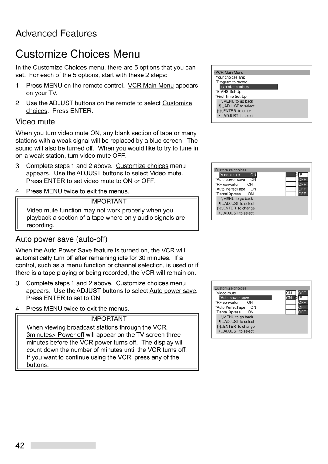 Mitsubishi Electronics HS-U748 manual Customize Choices Menu, Video mute, Auto power save auto-off 