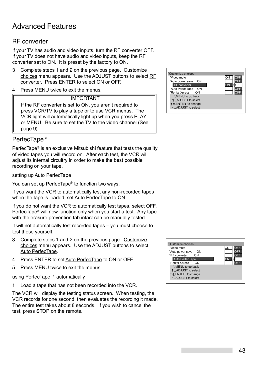 Mitsubishi Electronics HS-U748 manual RF converter, Setting up Auto PerfecTape, Using PerfecTape¨ automatically 