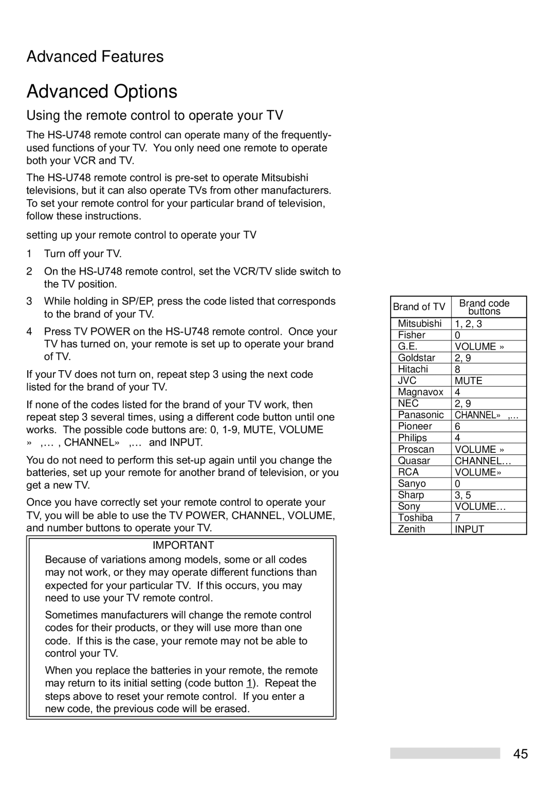 Mitsubishi Electronics HS-U748 manual Advanced Options, Using the remote control to operate your TV 