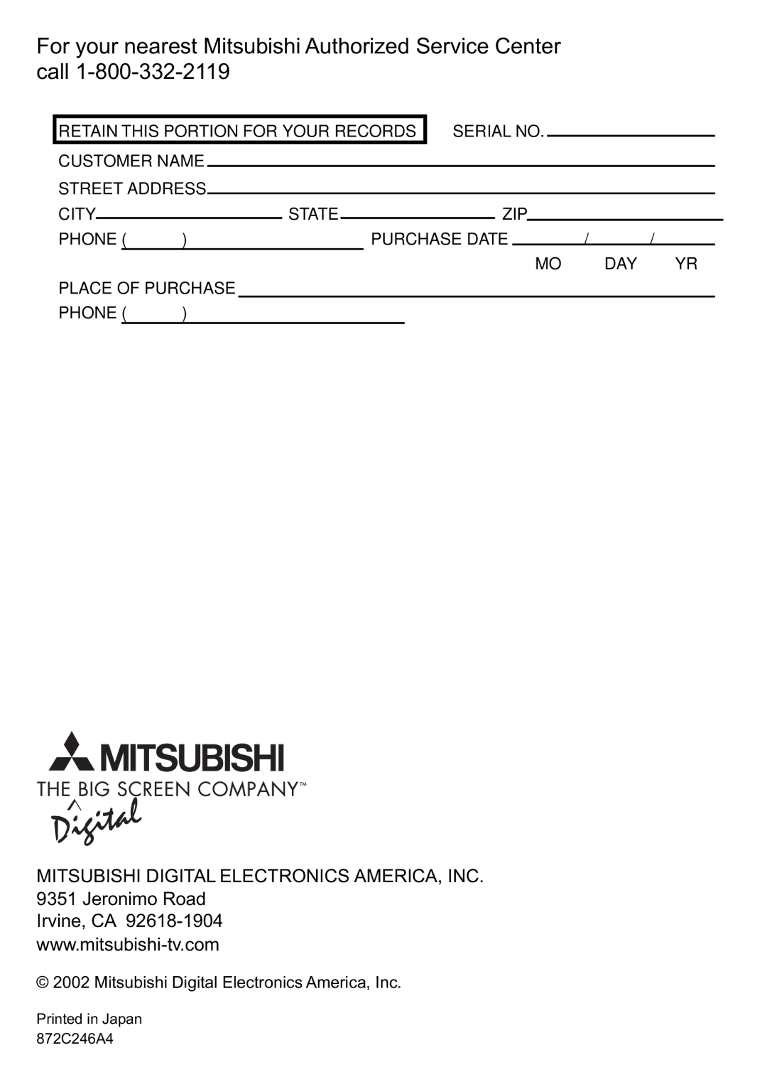 Mitsubishi Electronics HS-U748 manual For your nearest Mitsubishi Authorized Service Center call 