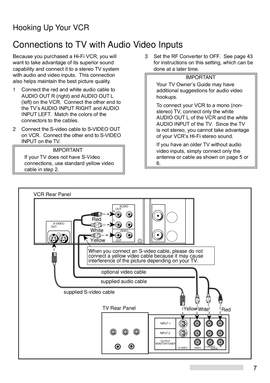 Mitsubishi Electronics HS-U748 manual Connections to TV with Audio Video Inputs 