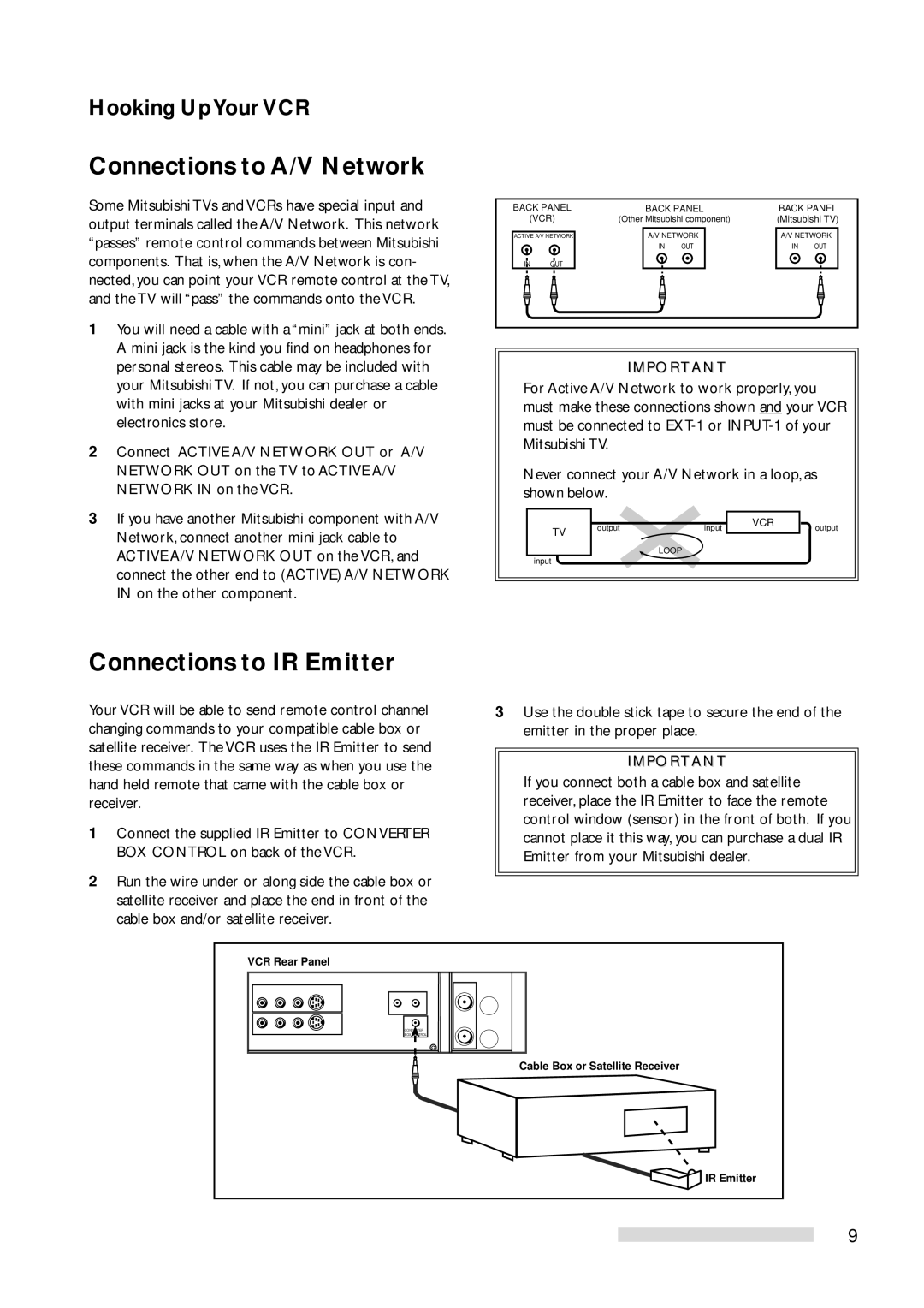 Mitsubishi Electronics HS-U778 manual Connections to A/V Network, Connections to IR Emitter 