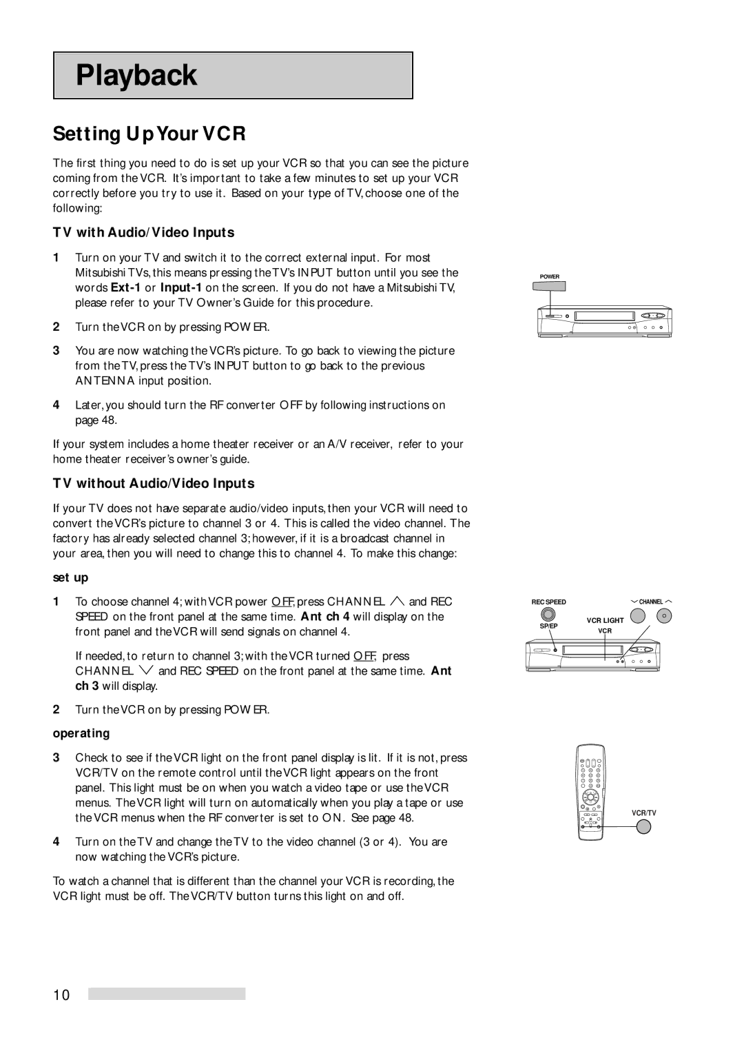 Mitsubishi Electronics HS-U778 Playback, Setting UpYour VCR, TV with Audio/ Video Inputs, TV without Audio/Video Inputs 