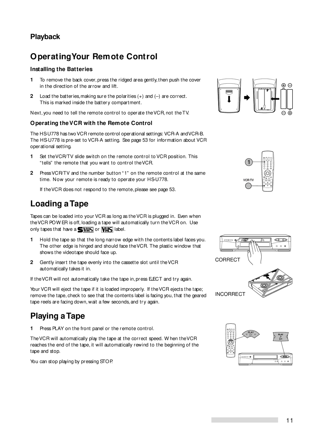 Mitsubishi Electronics HS-U778 manual OperatingYour Remote Control, Loading a Tape, Playing a Tape, Playback 