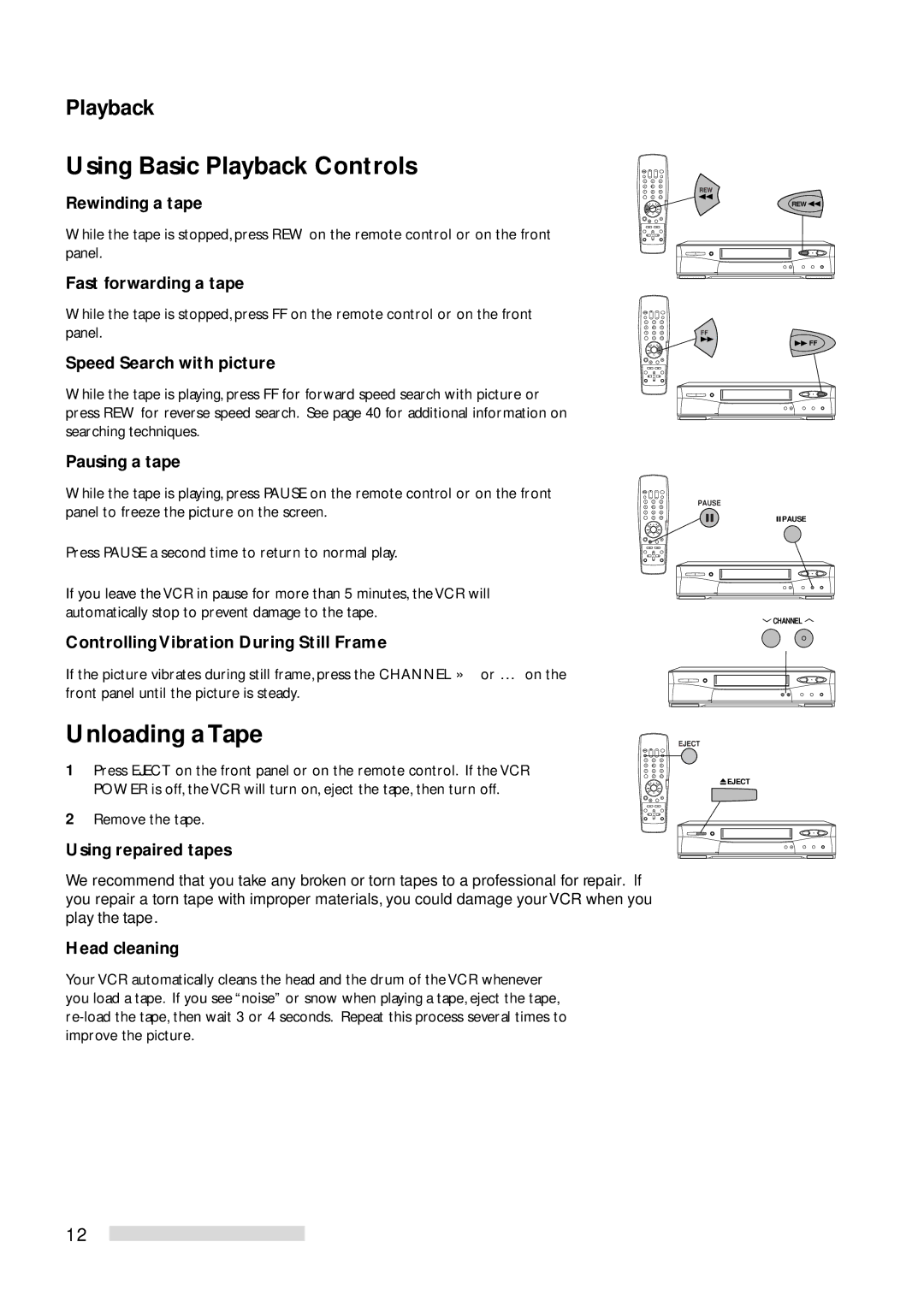 Mitsubishi Electronics HS-U778 manual Using Basic Playback Controls, Unloading a Tape 