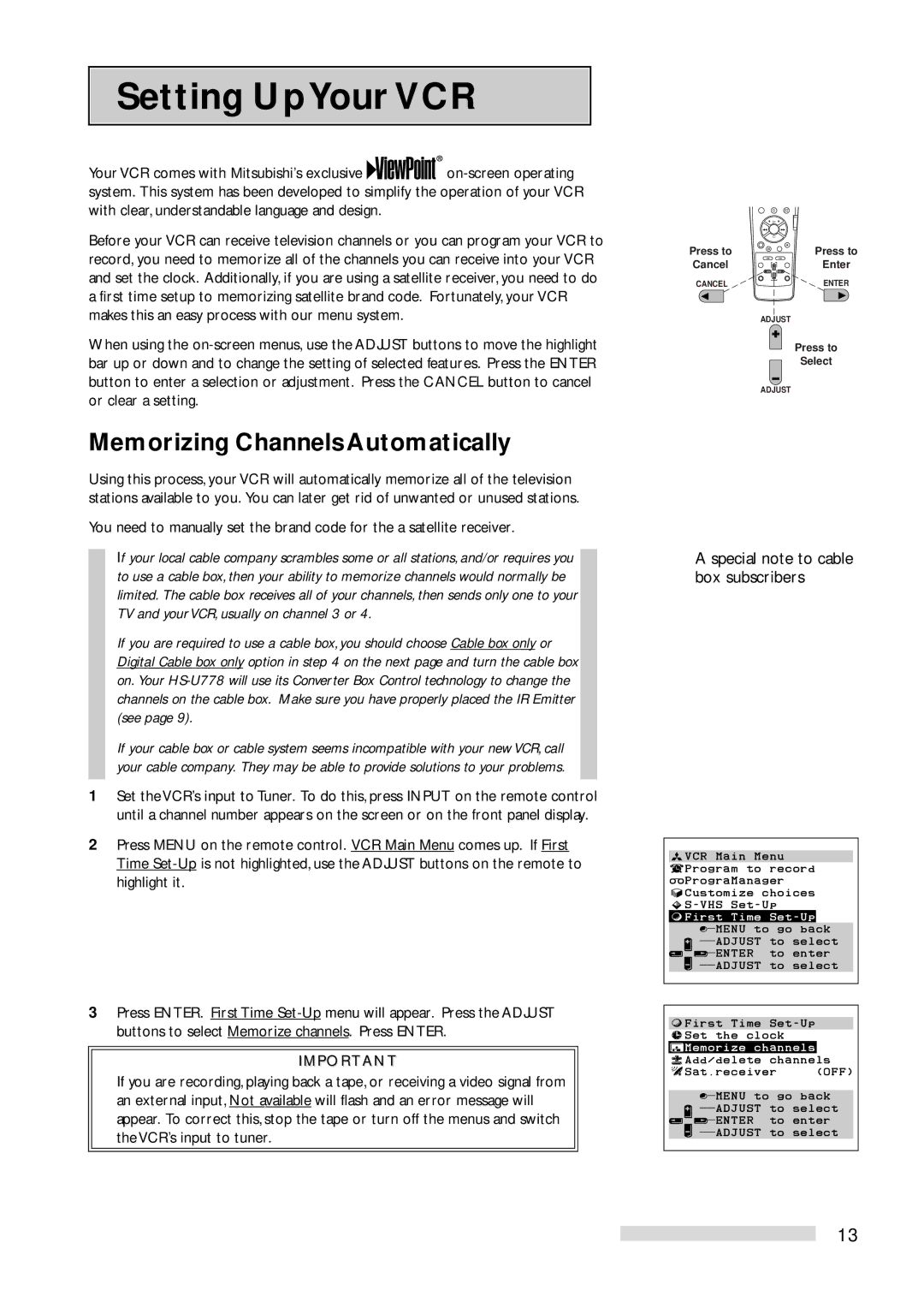 Mitsubishi Electronics HS-U778 manual Setting UpYour VCR, Memorizing Channels Automatically 