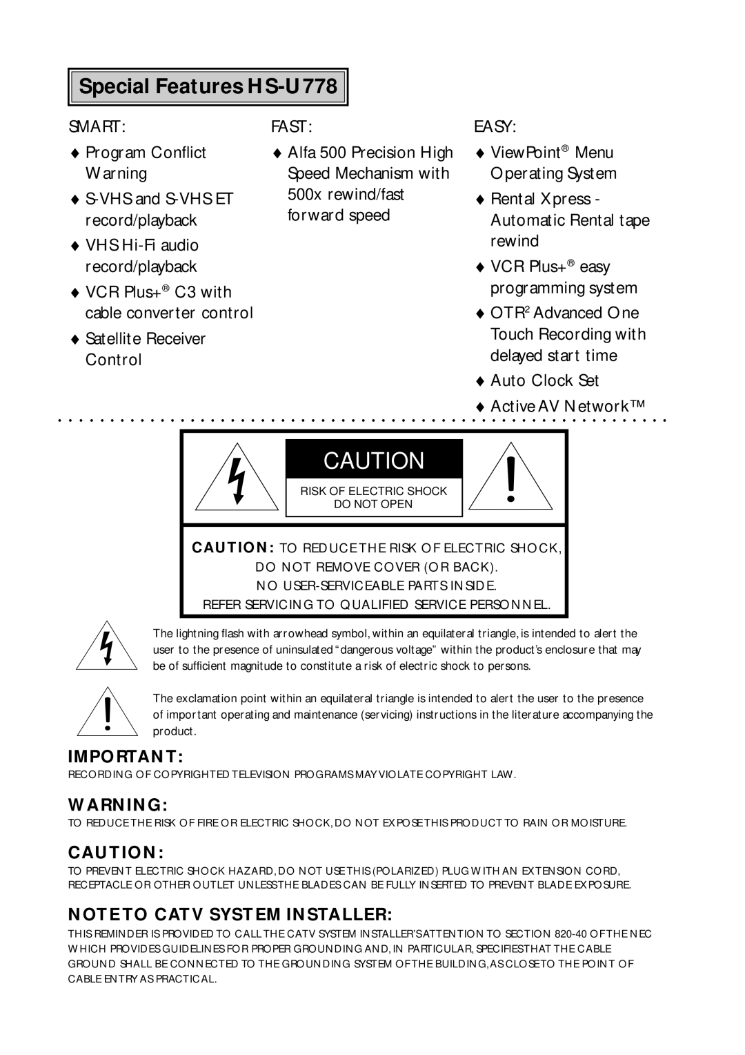 Mitsubishi Electronics manual Special Features HS-U778 