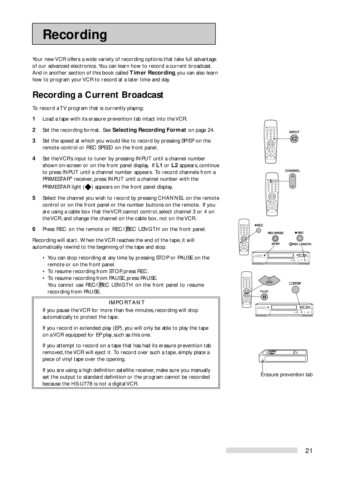 Mitsubishi Electronics HS-U778 manual Recording a Current Broadcast 