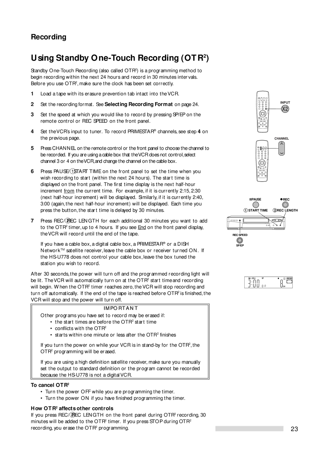 Mitsubishi Electronics HS-U778 Using Standby One-Touch Recording OTR2, To cancel OTR2, How OTR2 affects other controls 