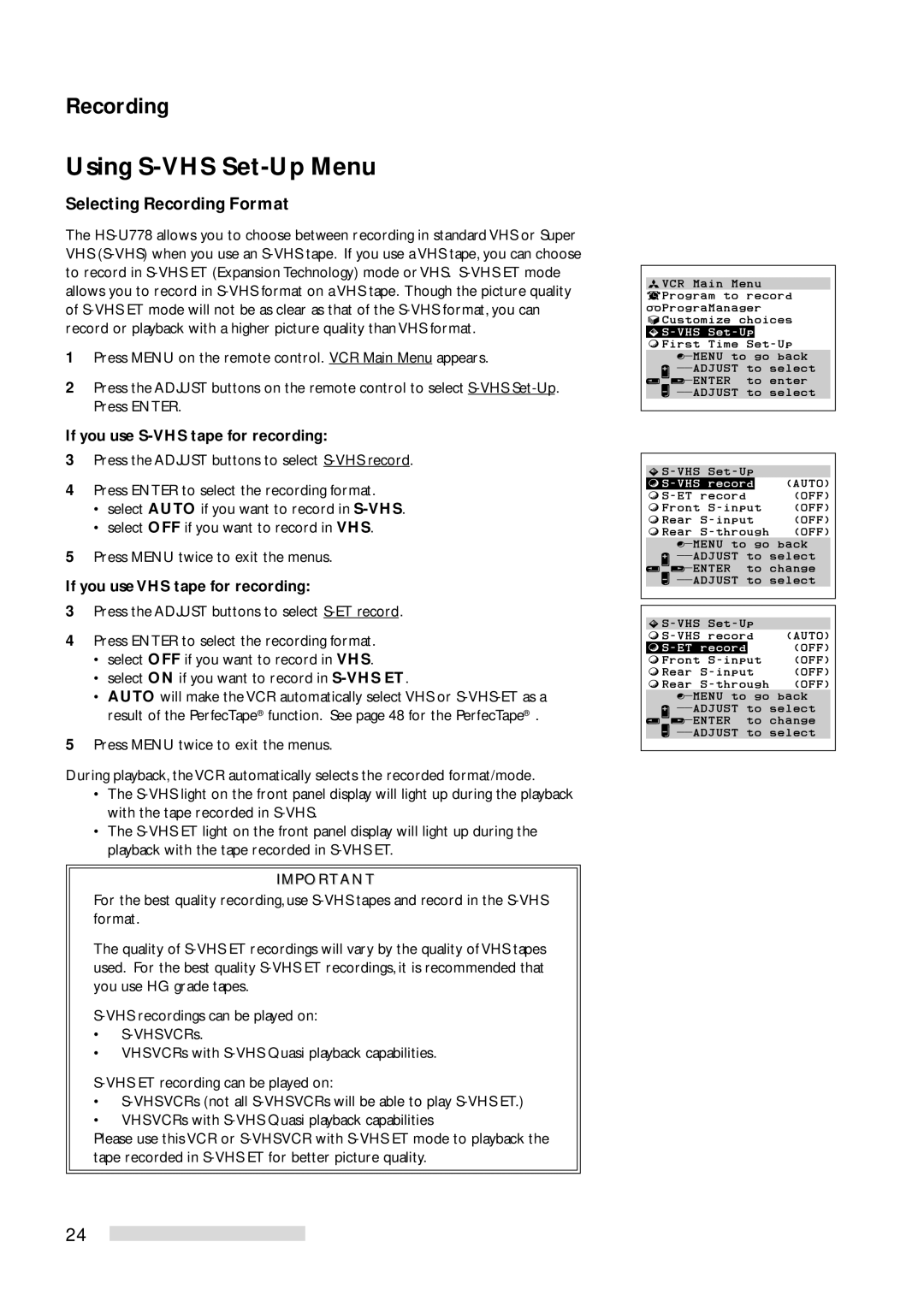 Mitsubishi Electronics HS-U778 Using S-VHS Set-Up Menu, Selecting Recording Format, If you use S-VHS tape for recording 