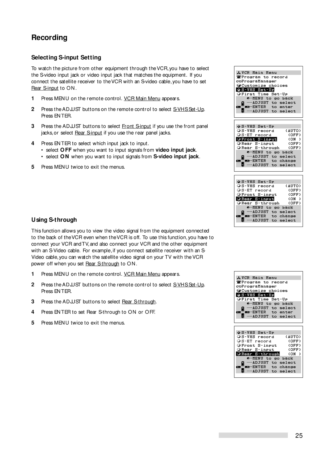 Mitsubishi Electronics HS-U778 Selecting S-input Setting, Using S-through, ÄFront S-input, ÄRear S-input, ÄRear S-through 