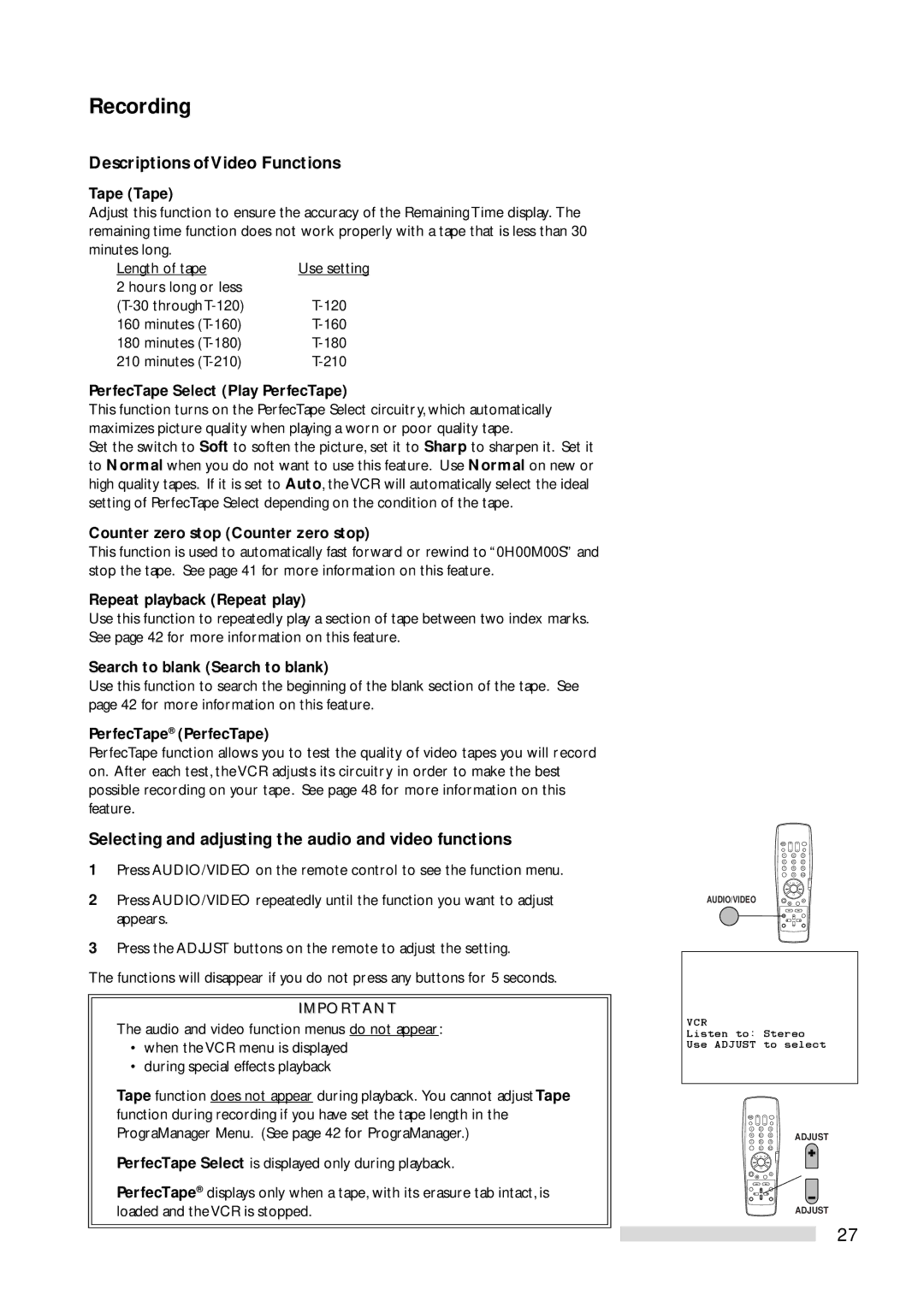 Mitsubishi Electronics HS-U778 manual Descriptions ofVideo Functions, Selecting and adjusting the audio and video functions 