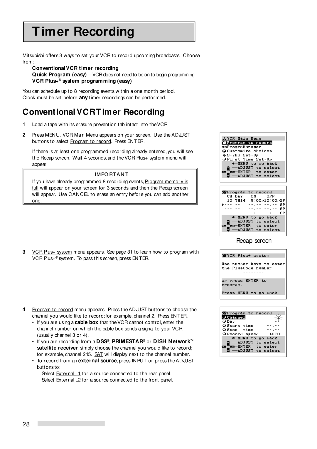 Mitsubishi Electronics HS-U778 manual Conventional VCR Timer Recording, ConventionalVCR timer recording 