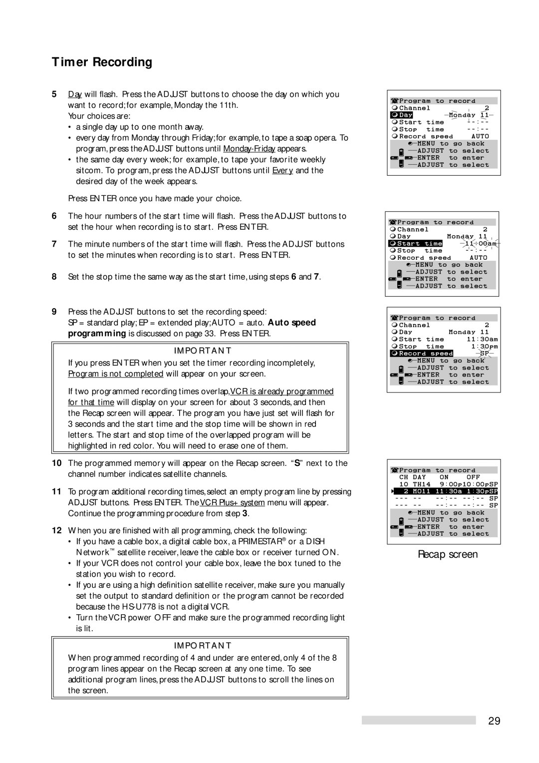 Mitsubishi Electronics HS-U778 manual Timer Recording, ÄDay, ÄStart time, ÄRecord speed, ¤ 2 MO11 1130a 130pSP 