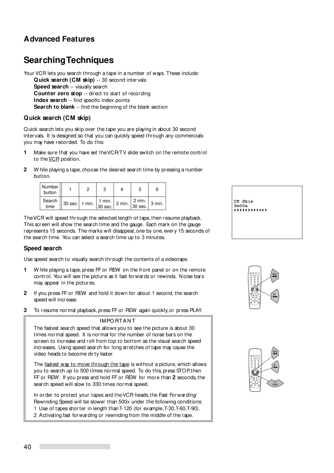 Mitsubishi Electronics HS-U778 manual Searching Techniques, Quick search CM skip, Speed search 