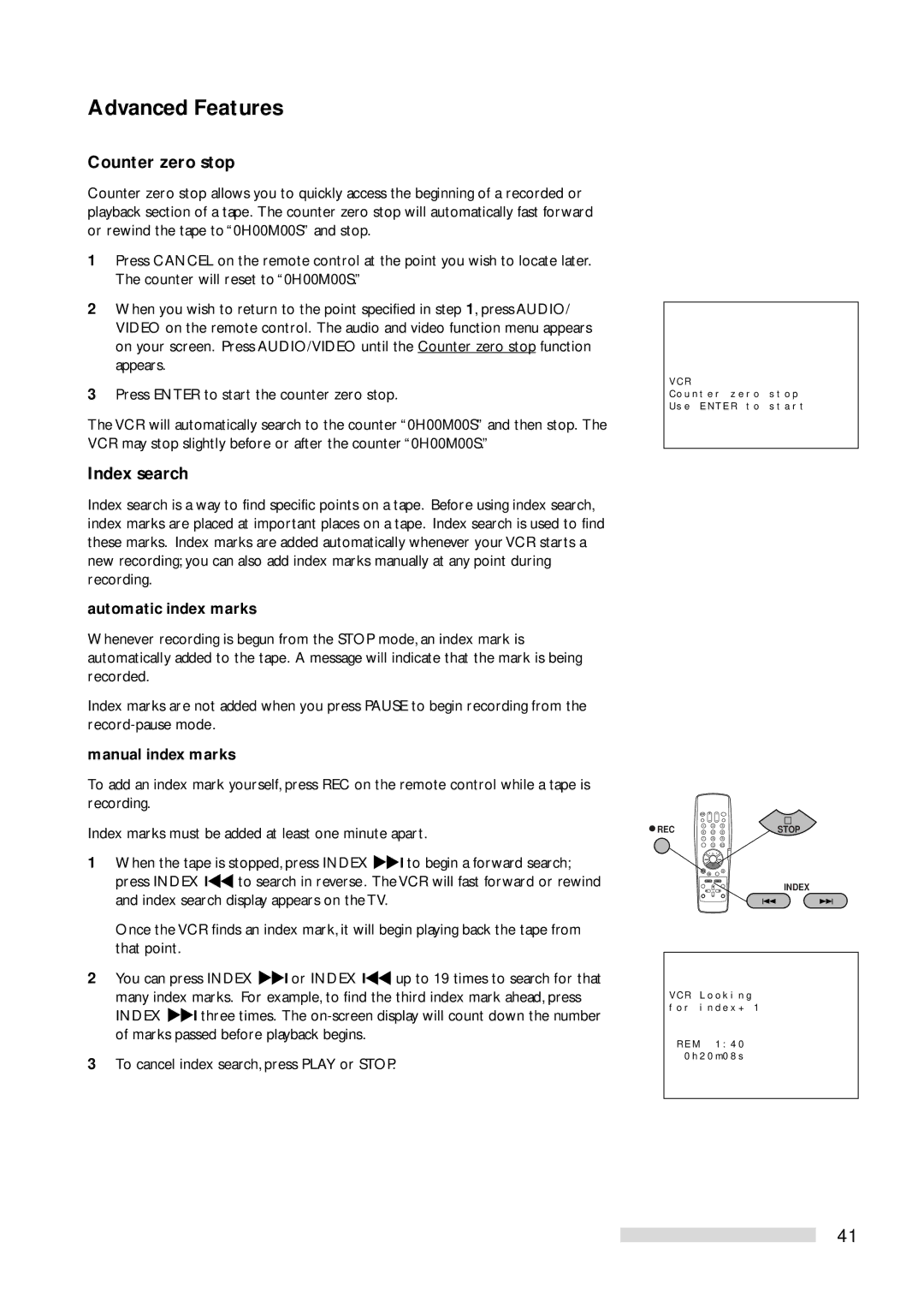 Mitsubishi Electronics HS-U778 manual Counter zero stop, Index search, Automatic index marks, Manual index marks 