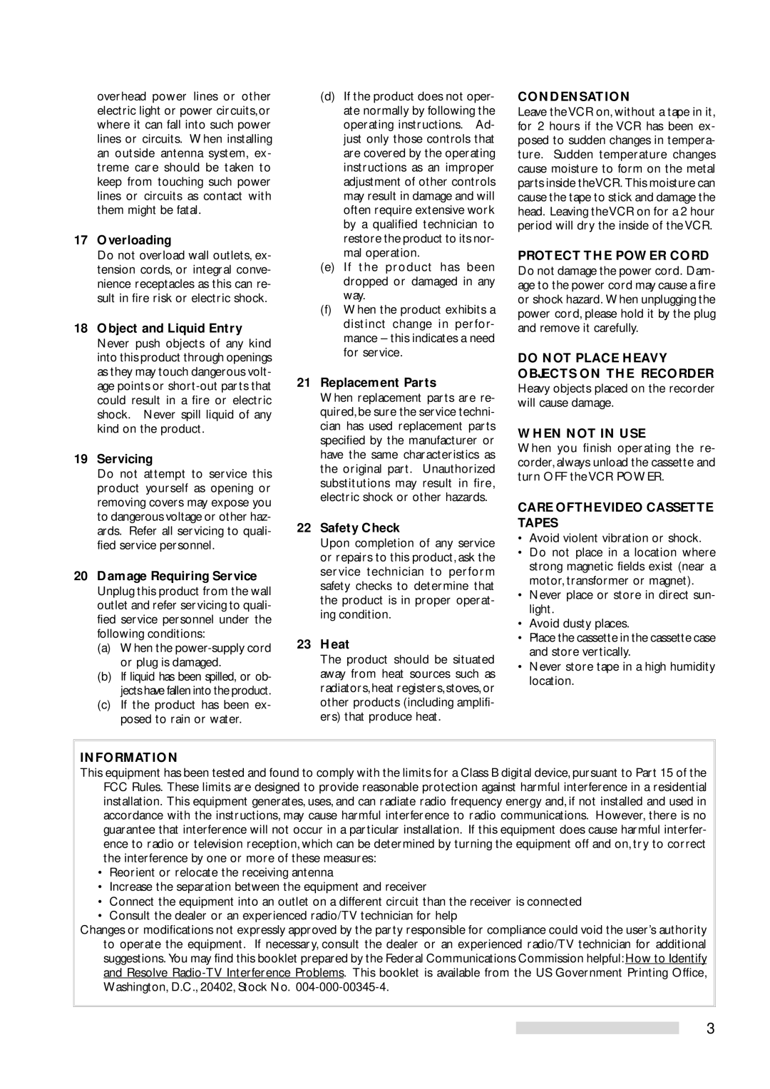 Mitsubishi Electronics HS-U778 manual Overloading, Servicing, Replacement Parts, Safety Check, Heat 