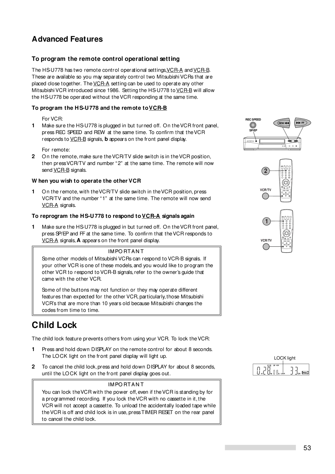 Mitsubishi Electronics HS-U778 manual Child Lock, To program the remote control operational setting 