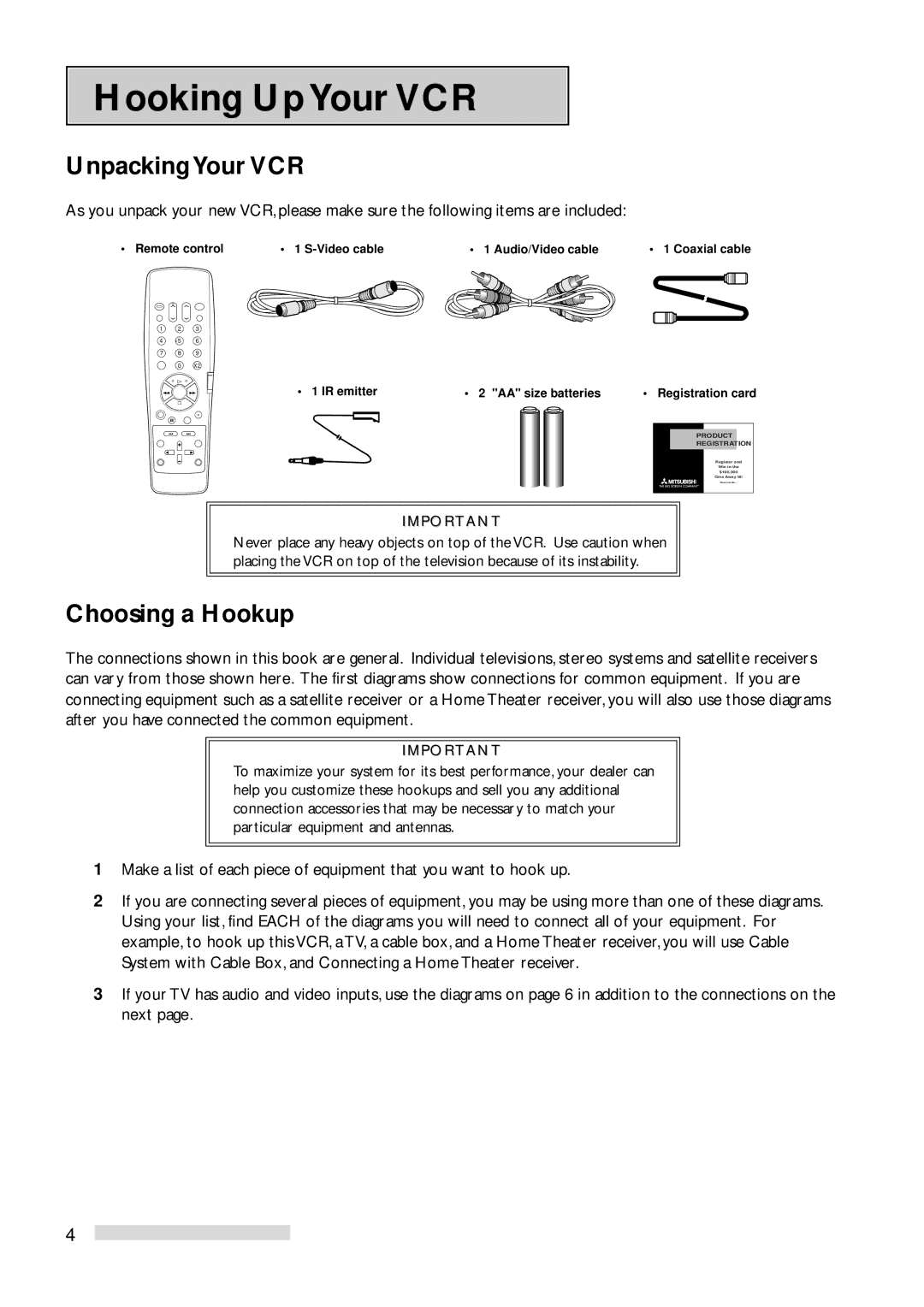 Mitsubishi Electronics HS-U778 manual Hooking Up Your VCR, Unpacking Your VCR, Choosing a Hookup 