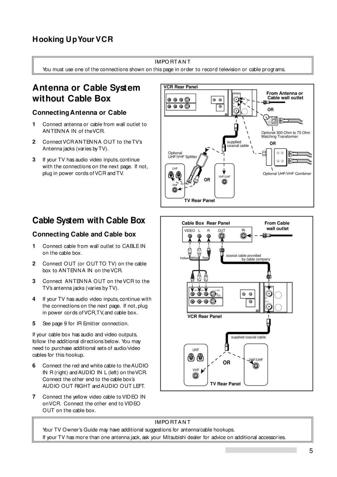 Mitsubishi Electronics HS-U778 Antenna or Cable System without Cable Box, Cable System with Cable Box, Hooking UpYourVCR 