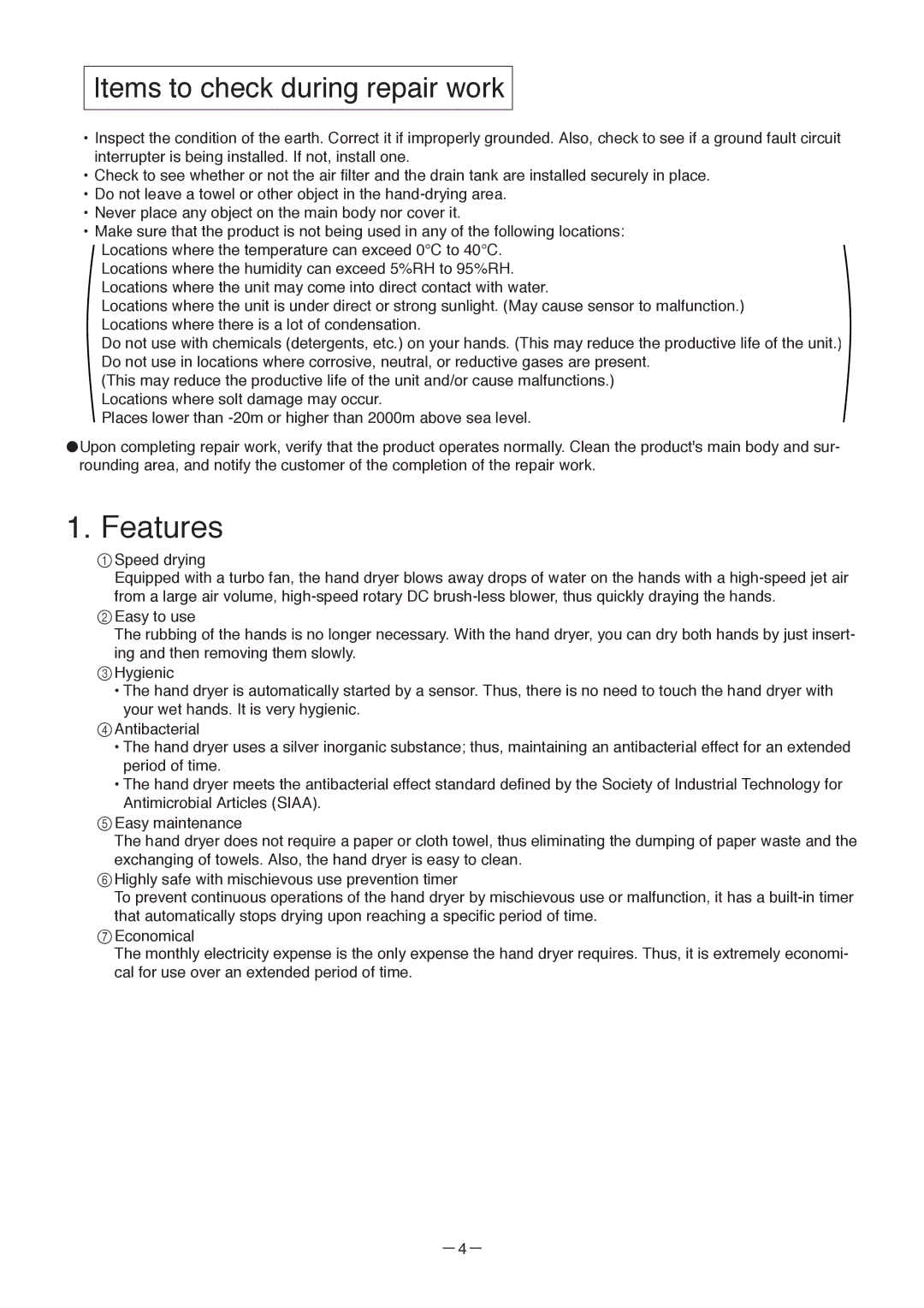 Mitsubishi Electronics JT-SB216DS-W-AUS manual Features, Items to check during repair work 