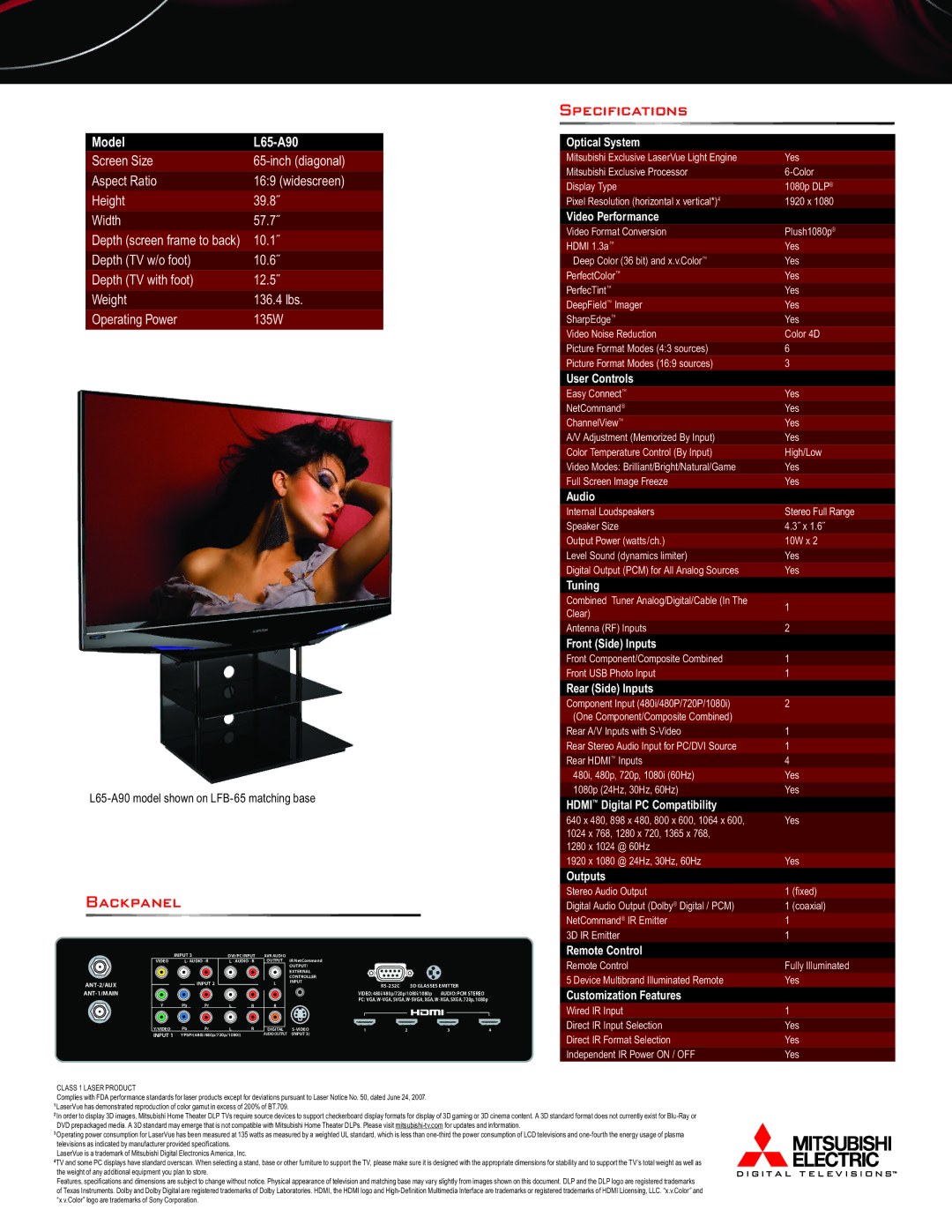 Mitsubishi Electronics L65-A90 manual Specifications, Backpanel 