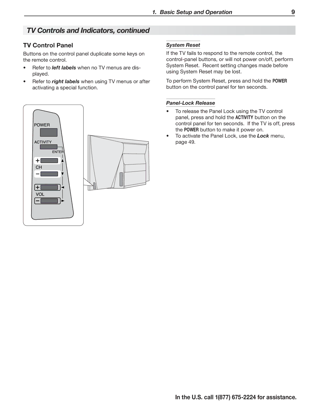 Mitsubishi Electronics L75A81, L75-A91 manual TV Control Panel, System Reset, Panel-Lock Release 