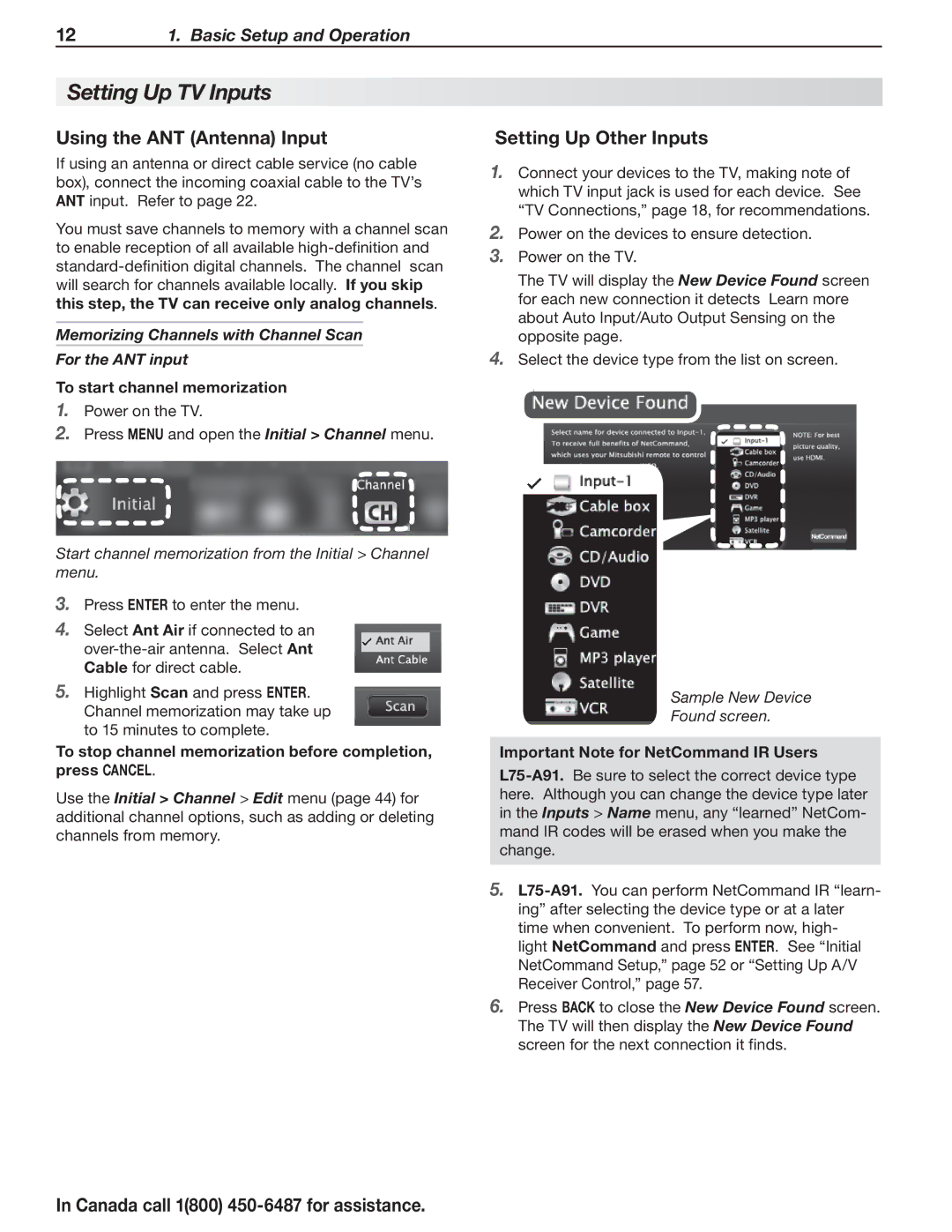 Mitsubishi Electronics L75-A91, L75A81 manual Setting Up TV Inputs, Using the ANT Antenna Input, Setting Up Other Inputs 