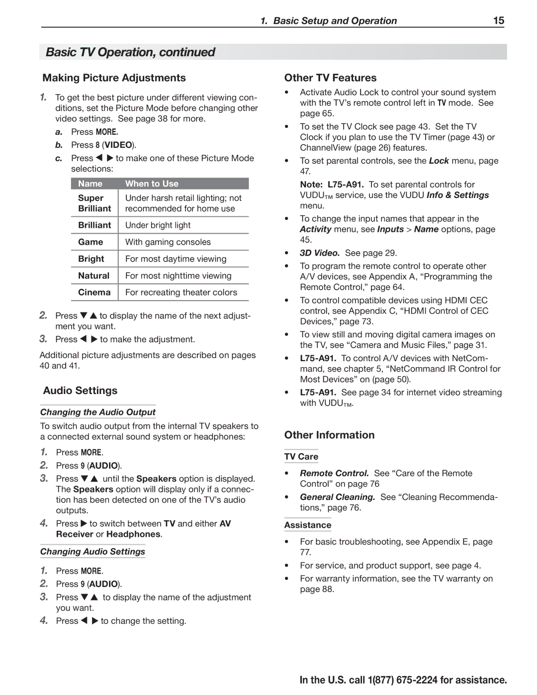 Mitsubishi Electronics L75A81, L75-A91 Making Picture Adjustments, Audio Settings, Other TV Features, Other Information 