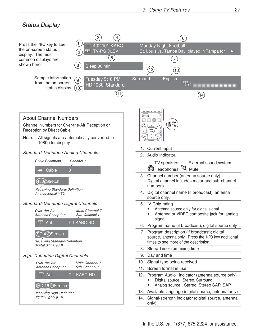 Mitsubishi Electronics L75A81, L75-A91 manual Status Display, About Channel Numbers, Standard-Definition Analog Channels 