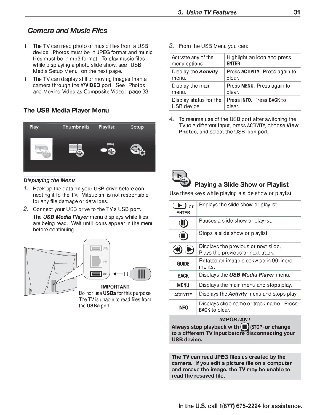 Mitsubishi Electronics L75A81 Camera and Music Files, USB Media Player Menu, Playing a Slide Show or Playlist, Activity 