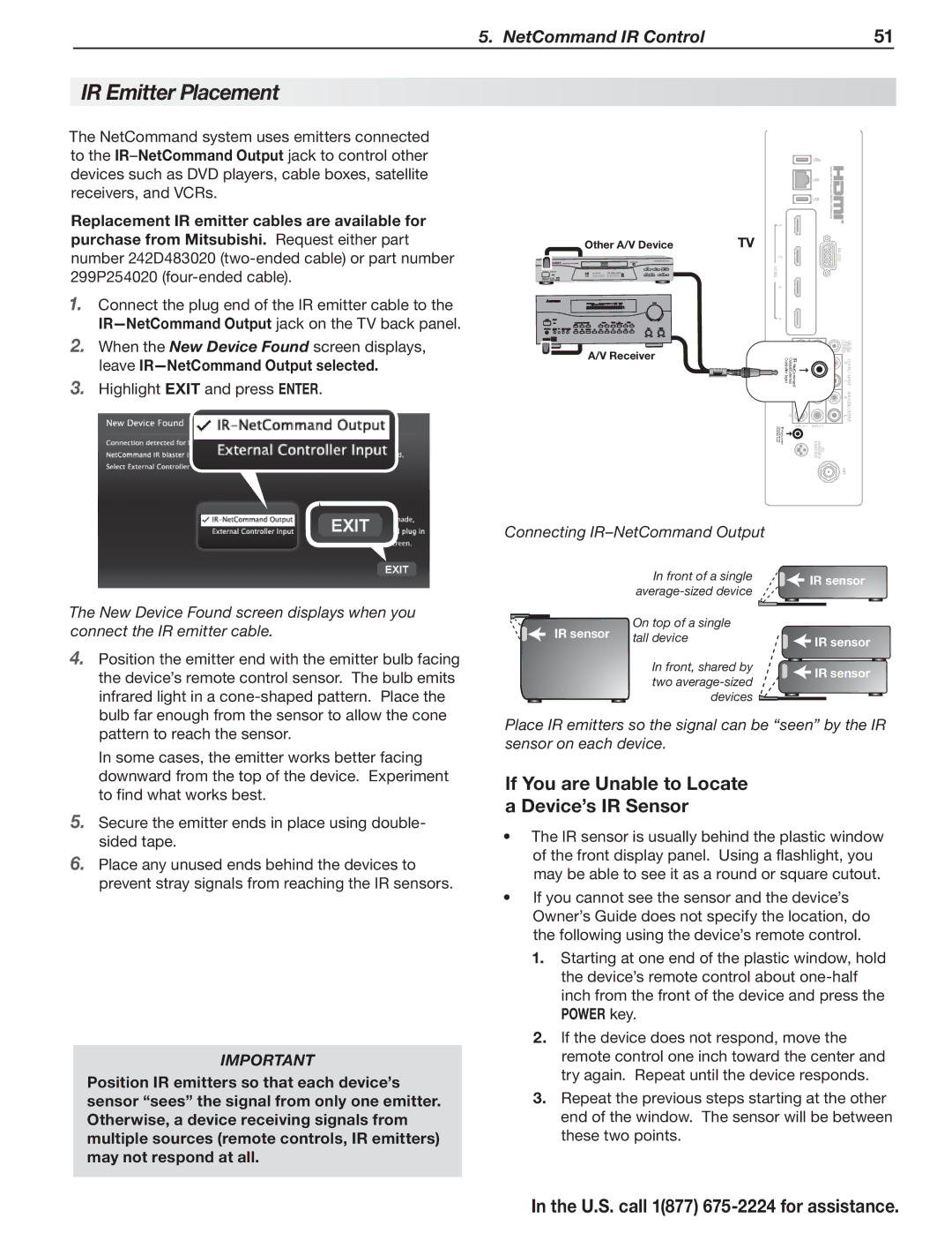 Mitsubishi Electronics L75A81, L75-A91 manual IR Emitter Placement, If You are Unable to Locate a Device’s IR Sensor 