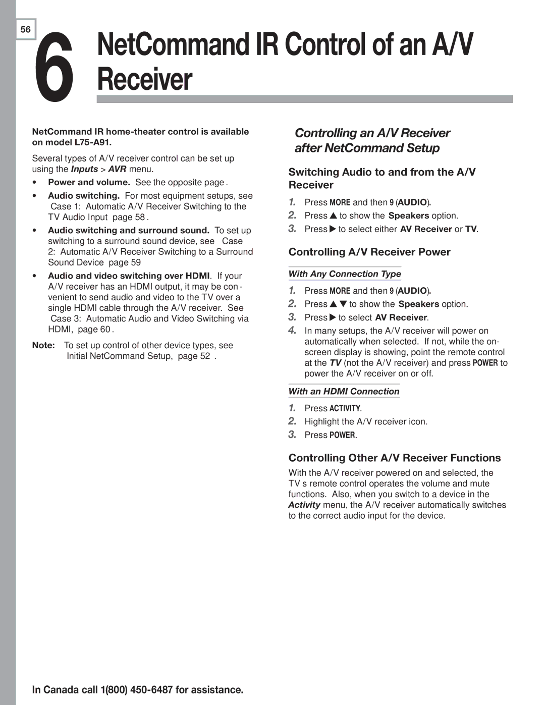 Mitsubishi Electronics L75-A91, L75A81 manual Switching Audio to and from the A/V Receiver, Controlling A/V Receiver Power 